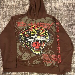 New Ed Hardy Brown Hoodie with Tiger, Brown and Red Accents 2XL